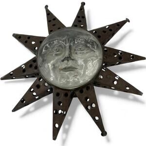 vintage rustic metal clear glass sun face candle holder wall hanging table decor